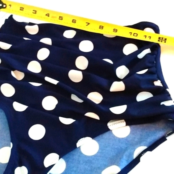 HIGH-WAIST RUCHED BIKINI BOTTOMS NAVY BLUE WHITE POLKADOTS SIZE SMALL NWOT - Picture 6 of 6